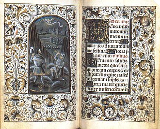 An illuminated manuscript of a Book of Hours contains prayers in Medieval Latin.