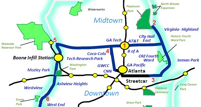 Streetcar routes that would have been funded by 1-cent sales tax, which was voted down in July 2012