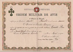 Certificate confirming that the Order of Aviz was conferred on Burzagli by the President of the Portuguese Republic in 1920