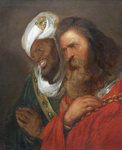 17th-century interpretation of Guy of Lusignan (right) being held captive by Saladin (left), clad in a traditional (Islamic) royal garment, painted by Jan Lievens.