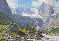 Rudolf Reschreiter, Blick von der Höllentalangerhütte zum Höllentalgletscher und den Riffelwandspitzen, Gouache (1921)