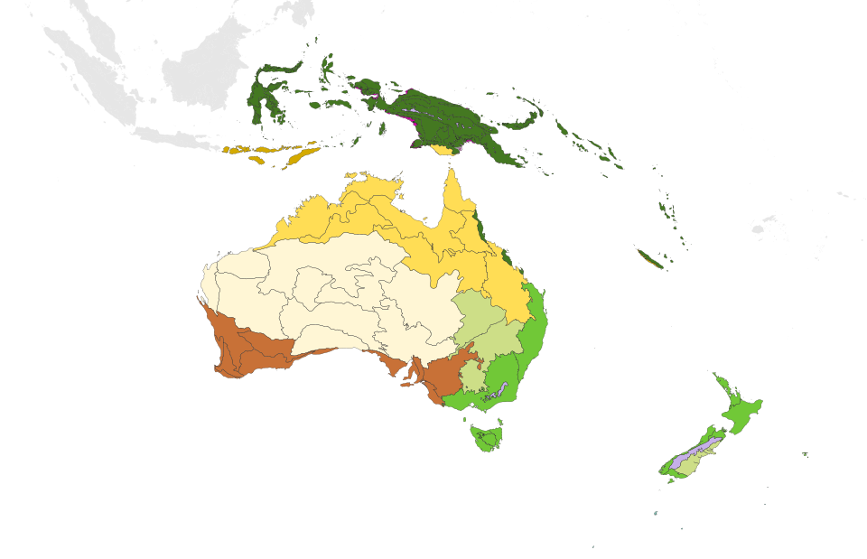 The outlined ecoregions of the Australasian realm, each of a colored biome. Note that this realm has 10 of 14 biomes, or major habitat types, as defined by Olson & Dinerstein, et al. (2001).[4] Rock and Ice, or Abiotic Land Zones
