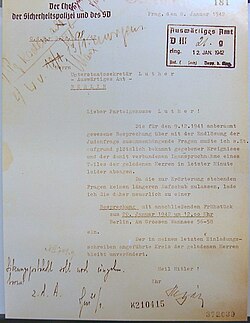 Letter from Heydrich to Martin Luther, Undersecretary at the Foreign Office, notifying him that the conference would be delayed