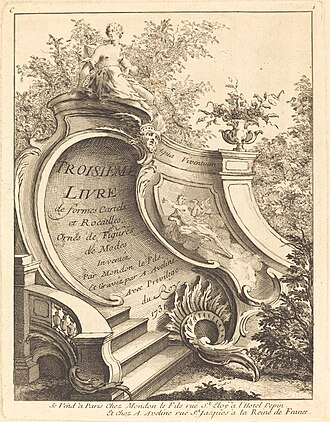 An 18th-century title page engraving featuring the French text "Troisieme livre de formes Cartels et Rocailles" surrounded by asymmetrical, shell-like ornamental designs.
