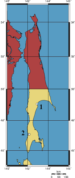 Approximate locations of the massacres1: Shikuka, near Kamishisuka (上敷香)2: Maoka, near Mizuho Village (瑞穂村)