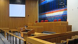 View of the bench and jury box from the gallery area of the Teplitz Memorial Moot Courtroom