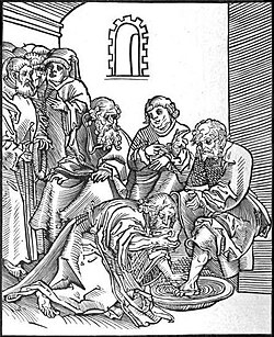 Christus, by Lucas Cranach. This woodcut of John 13:14–17 is from Passionary of the Christ and Antichrist.[226] Cranach shows Jesus kissing Peter's foot during the footwashing. This stands in contrast to the opposing woodcut, where the pope demands others kiss his foot.