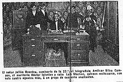 Commissary Julián Bourdeu of the Policía de la Capital (Buenos Aires, Argentina) and part of the staff of the 27th precinct, days after the Radical Party revolution, a photo published by the Argentine magazine Caras y Caretas in its 11 February 1905 issue