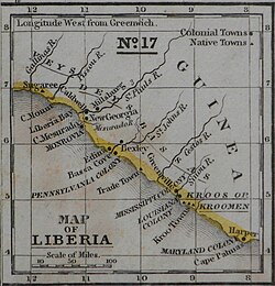 The 1839 Mitchell map of Liberia shows colonial settlements including New Georgia, Pennsylvania Colony, Mississippi Colony, Louisiana Colony, and Maryland Colony
