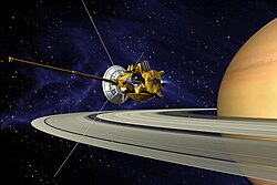 An artistic illustration of the Cassini space probe performing its Saturn Orbit Insertion maneuver near Saturn's rings
