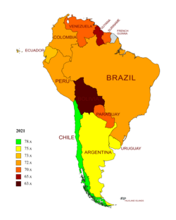 Life expectancy in South America in 2021