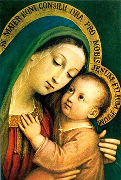 In 1939 Pius XII placed his pontificate under the maternal care of Our Lady of Good Counsel and composed a prayer to her.[134][135] This 19th-century painting is by Pasquale Sarullo.