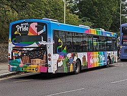 A bus wrapped in Pride colours was introduced in 2023
