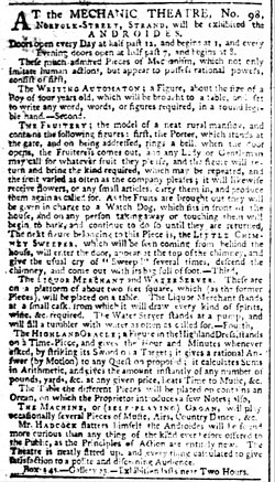 Early example of the term androides used to describe human-like mechanical devices, London Times, 22 December 1795