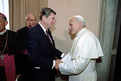 US President Ronald Reagan meeting with Pope John Paul II during a visit to the Vatican City, 1982