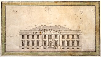 A 1793 elevation by James Hoban; his three-story, nine-bay original submission was altered into this two-story, 11-bay design.