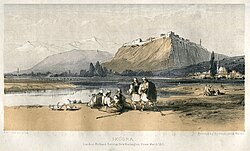Shkodra depicted by Edward Lear: Albanians smoking by the river Drin, with the Rozafa Castle and the Lead Mosque in the background, 4 October 1848[32]