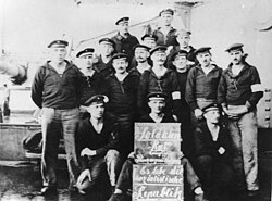 Kiel mutiny: the soldiers' council of the battleship Prinzregent Luitpold. The sign reads in part "Long live the socialist republic."