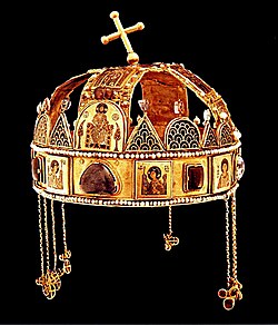 The Holy Crown (Szent Korona), one of the key symbols of Hungary. It was gifted to Saint Stephen, the first King of Hungary, who converted the nation to Christianity.