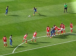 Michael Arroyo executing a free kick against Switzerland at the 2014 World Cup
