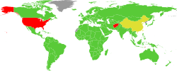 Ratifications of the ILO's 1930 Forced Labour Convention, with non-ratifiers shown in red