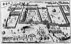 Slave factories, or compounds, maintained by traders from four European nations in the Gulf of Guinea in what is now Nigeria, 1746