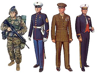 An illustration of U.S. Marines in various uniform setups. From left to right: A U.S. Marine in a Marine Corps Combat Utility Uniform with full combat load c. 2003, a U.S. Marine in a (full) blue dress uniform, a U.S. Marine officer in a service uniform, and a U.S. Marine general in an evening dress uniform.
