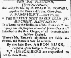 Publication notice of a pamphlet "The Supreme Deity of our Lord Jesus Christ, Maintained" by Burr (Boston: Edward Eveleth Powars, 1791)