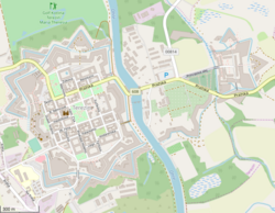 Map shows the main fortress and the Small Fortress (right) on opposite sides of the Eger River