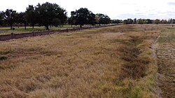 Site of the former Freedmen's Cemetery in 2019, separated by a brick wall from the Chalmette National Cemetery (upper left)