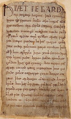 Manuscript (written in uncial script) of Beowulf, an epic poem composed in Old English between 975 and 1025.The poem begins: Hƿæt ƿē Gārde / na ingēar dagum þēod cyninga / þrym ge frunon ...[Listen! We have heard of the glory in bygone days of the folk-kings of the spear-Danes ...][24]
