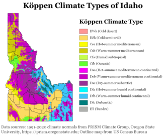 Köppen climate types of Idaho, using 1991–2020 climate normals