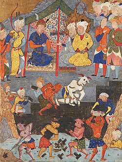 Mysterious personalities in the Quran (Al-Kahf 94-97); Dhu al-Qarnayn, mostly identified by Western and Muslim scholars as Alexander the Great[280][281][282][283] building a wall with the help of the jinns to keep away Gog and Magog. Miniature, Chester Beatty Library.
