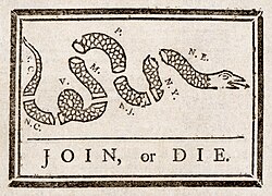 Benjamin Franklin's Join, or Die (May 9, 1754), credited as the first cartoon published in an American newspaper