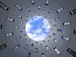 Worm's-eye view of inside the Nokia Networks building in Munich, Germany in 2017