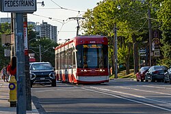 A Flexity Outlook streetcar on Broadview Avenue. The streetcar system is the largest and busiest such system in North America.