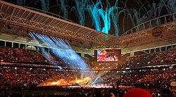 Jennifer Lopez and Shakira performing in the Super Bowl LIV halftime show at the stadium in February 2020