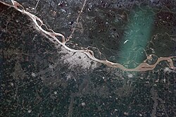 Rosario and the neighbouring areas along the Paraná River from space. Note the Rosario-Victoria Bridge.