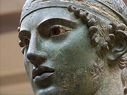 Close-up of the Charioteer of Delphi, a celebrated statue from the 5th century BC
