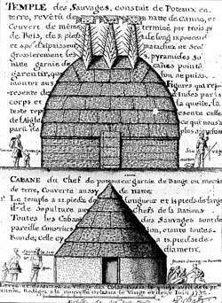 Natchez Great Temple on Mound C and the Sun Chiefs cabin, drawn by Alexandre de Batz in the 1730s