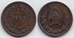 1 decimo coin minted for the province in 1822. The reverse features the provincial coat of arms