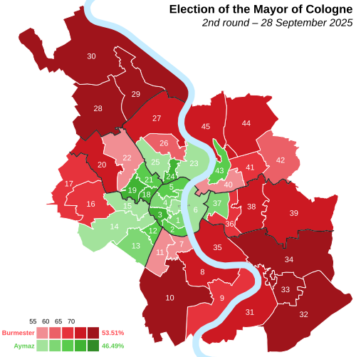 Map depicting leading candidate in each electoral district, shaded by share of votes