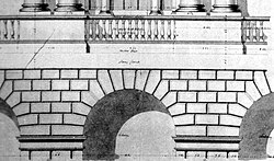 William Henry Playfair, University of Edinburgh: bevelled edges of each stone block emphasise the voussoirs, which have a curved base and together form a semi-circle at the top of each arch.