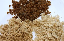 Brown sugar examples: Muscovado (top), dark brown (left), light brown (right)
