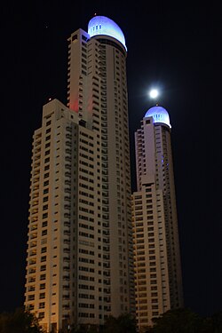 Night view of the luxury Dolfines Guaraní Towers, May 2010