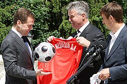 Manager Guus Hiddink and midfielder Sergei Semak meet the President of Russia, Dmitry Medvedev, after reaching the semi-finals of UEFA Euro 2008.
