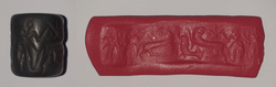 Jemdet Nasr Cylinder presenting a hunting scene, with two lions and an antelope. c. 3100 to 2900 BC.