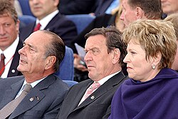 French president Jacques Chirac, Chancellor of Germany Gerhard Schroeder and Valentina Matviyenko during the celebration of the 300th anniversary of Saint Petersburg in 2003.