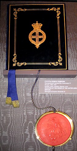 Statutes of the Order of the Garter, this copy having once belonged to Emperor Alexander III of Russia