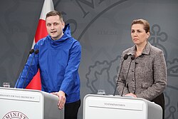 Greenlandic leader Jens-Frederik Nielsen announcing "We choose Denmark" at a January 2026 press conference with Mette Frederiksen in response to Trump's threats to invade or annex the country[92][93]